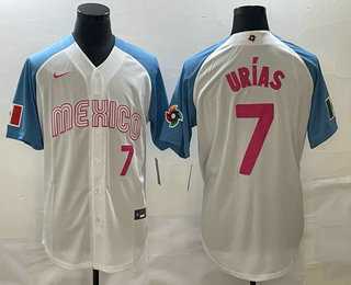 Mens Mexico Baseball #7 Julio Urias Number 2023 White Blue World Classic Stitched Jersey->2023 world baseball classic->MLB Jersey